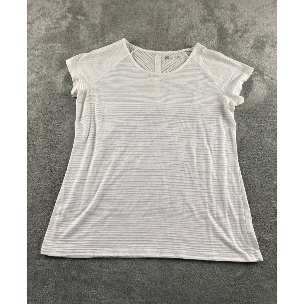 Xersion Womens White Striped Burnout Short Sleeve Activewear Top Size‎ L
